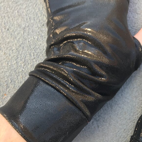 Black Fingerless Gloves Holographic Arm Cuffs Oil Slick Wet Look Cosplay Costume - Picture 4 of 6